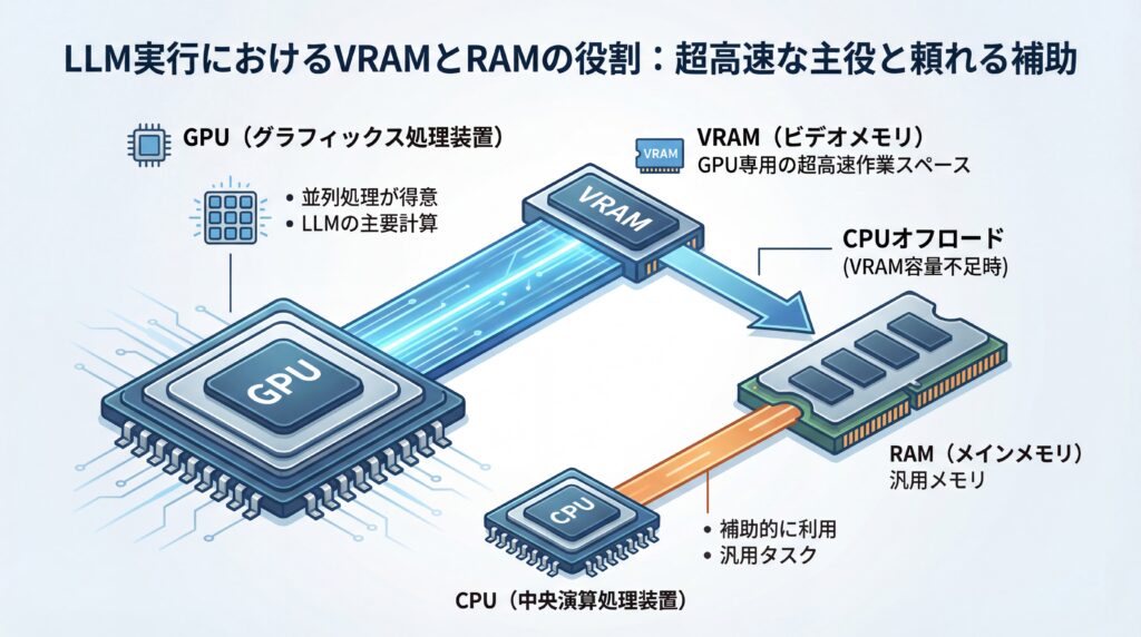 LLM実行におけるVRAMとRAMの役割を示した概念図。GPUがVRAMを使い、CPUがRAMを使う様子