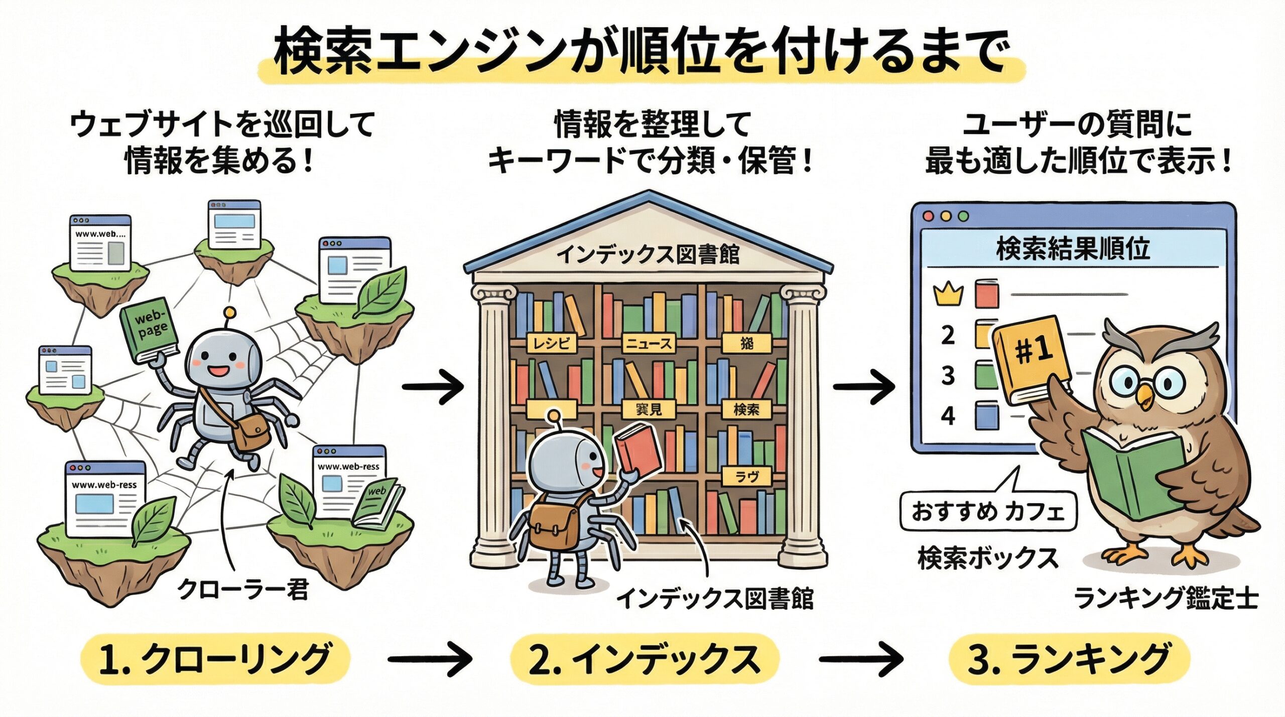 クローリング、インデックス、ランキングという検索エンジンの3つの基本ステップ