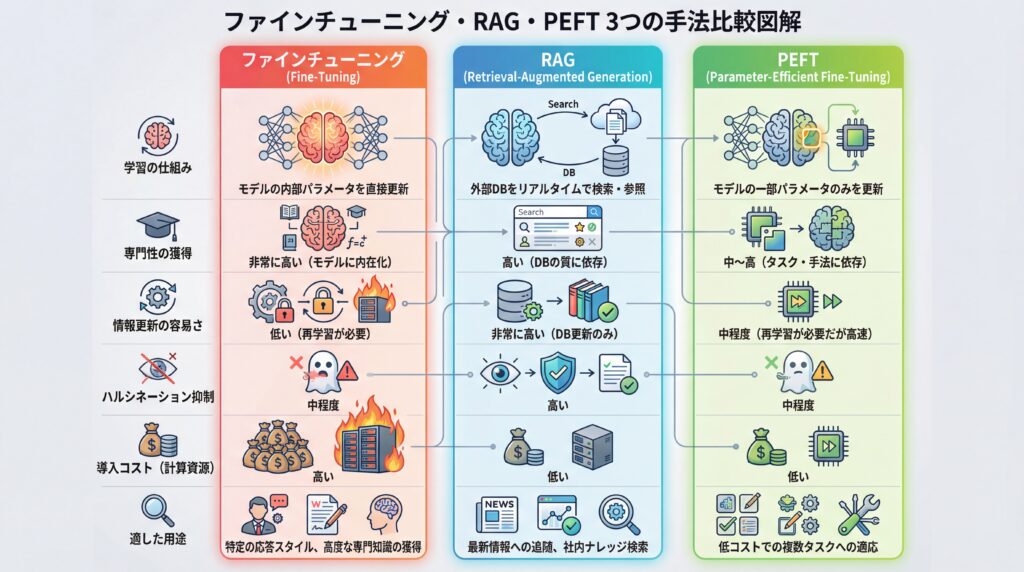 ファインチューニング・RAG・PEFTの違いをまとめた比較表