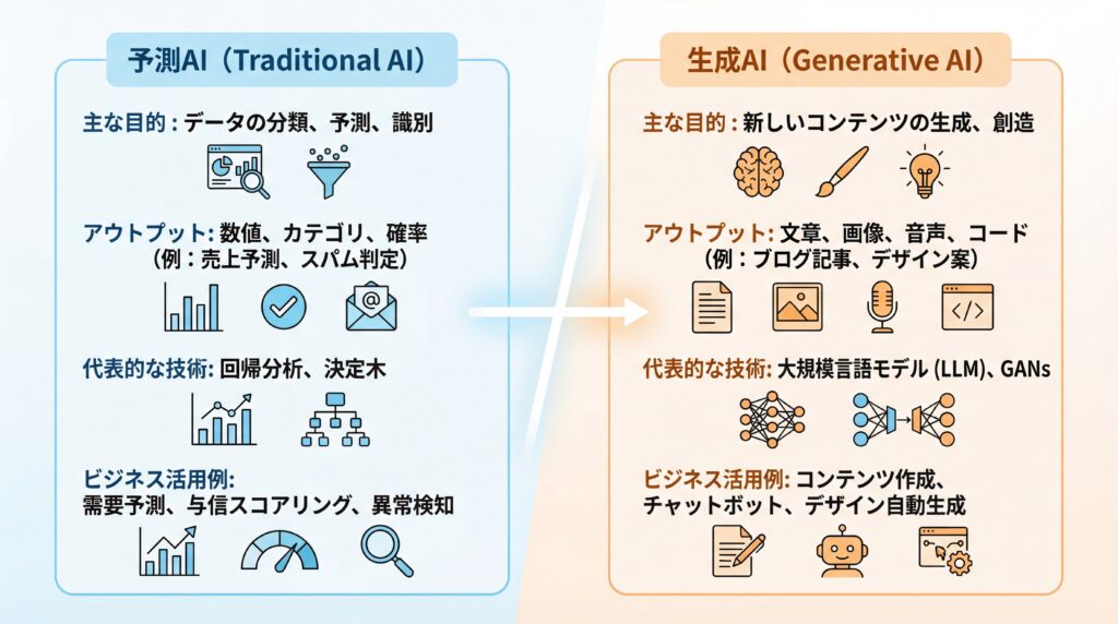 予測AIと生成AIの目的、アウトプット、技術、ビジネス活用例を比較した表