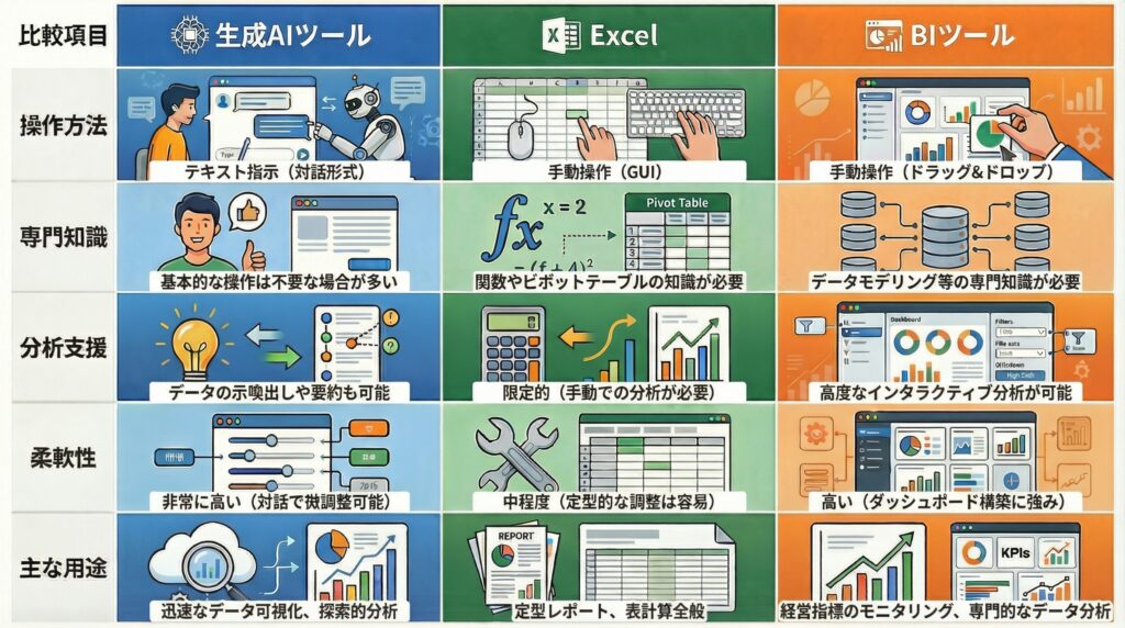 生成AI、Excel、BIツールの機能を操作方法、専門知識、分析支援、柔軟性、主な用途の5項目で比較した表