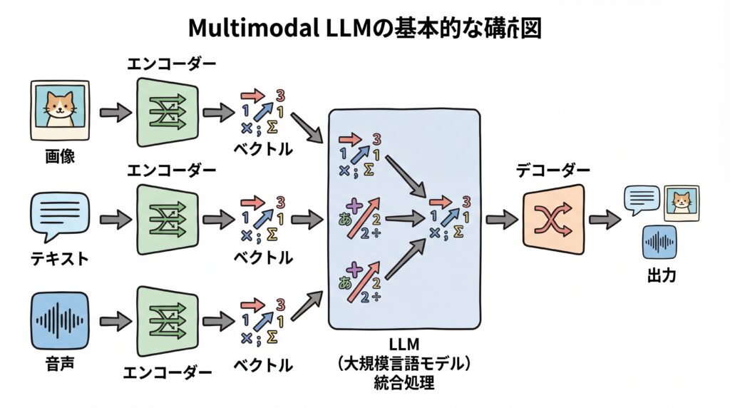 画像、テキスト、音声がそれぞれのエンコーダーでベクトルに変換され、LLMで統合処理された後、デコーダーから出力される流れを示した概念図