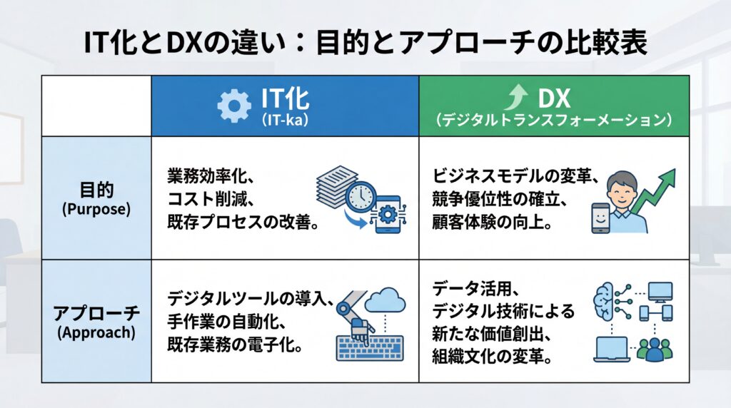 IT化と営業DXの根本的な違いを比較する表