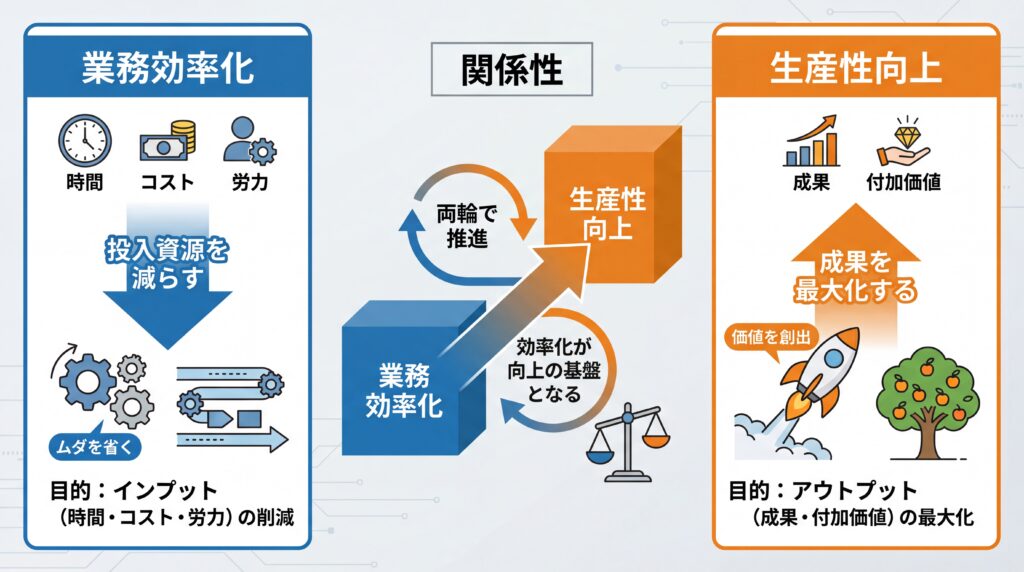 業務効率化がインプット削減、生産性向上がアウトプット最大化を目指すことを示す比較図