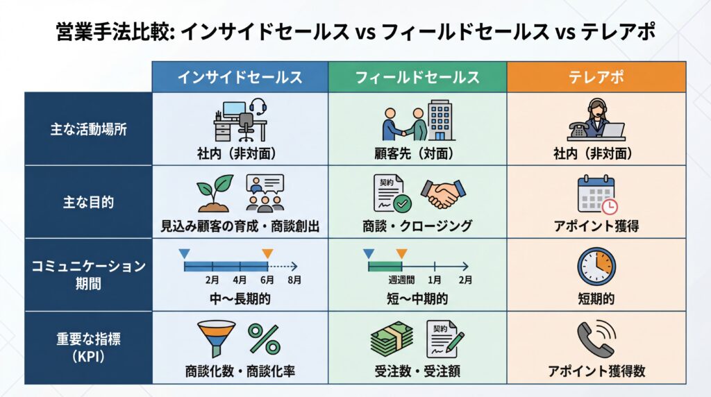 インサイドセールスとフィールドセールス、テレアポの役割を目的やKPIで比較した表